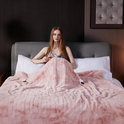 Guohaoi Heated Blanket Electric Throw, Soft Faux Rabbit Fur Electric Blanket with 10 Heating Levels 5 Sitting Timer Auto Off, Cozy Warm Heating Blankets, Machine Washable(90"×100" Pink)