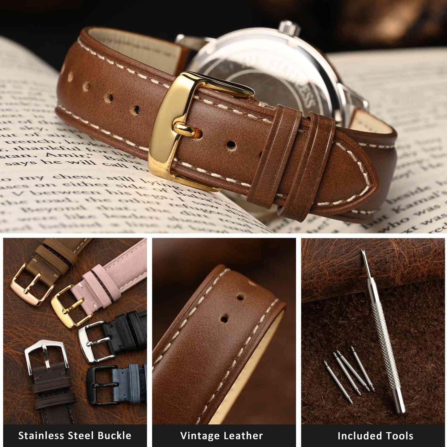 WOCCI 16mm Vintage Leather Watch Band for Men and Women, Gold Buckle (Cinnamon Brown)