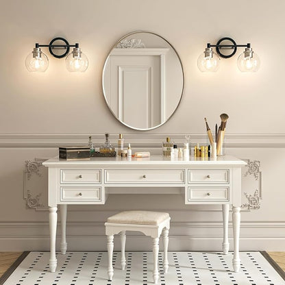 VONLUCE Bathroom Light Fixtures, 2-Light Vanity Light with Globe Glass Shades E26 Sockets, Bathroom Lights Over Mirror for Bedroom Hallway Living Room, Black & Nickel Finish