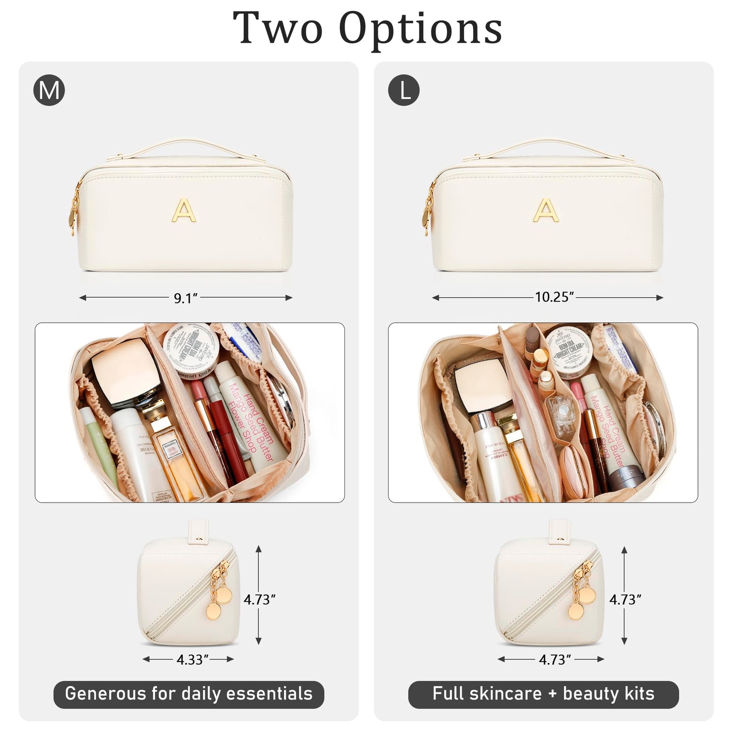 CLOUDWINGS Initial Makeup Bag Gifts for Women Bridesmaid Gifts Travel Toiletry Personalized PU Leather Waterproof Cosmetic Bag (Medium-Beige-A)