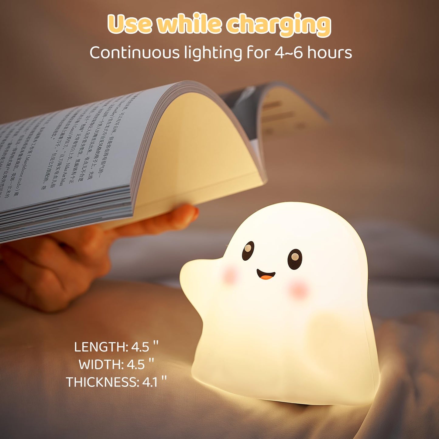 nextanG Cute Ghost Night Light for Kids, Rechargeable Silicone Bedside Night Light with Tap Control, Dimmable Nursery Decor Lamp, Fun Ghost Gift for Kids, Halloween Room Decor, Ghost Lamp