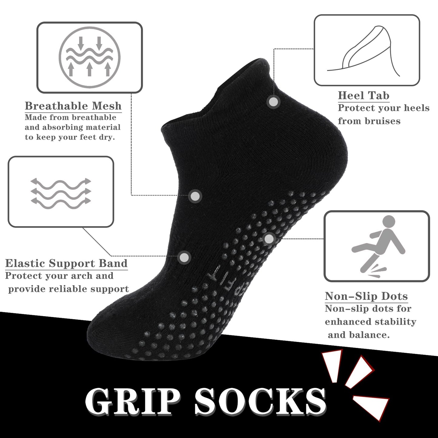 Grip Pilates Socks Non Slip Athletic Yoga Socks with Grips for Women Grippy socks for Hospital Workout Barre