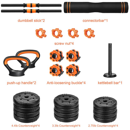 EDOSTORY Adjustable Dumbbell Set, 22/44/66/88lbs Free Weights, 4-in-1 Barbell & Kettlebell Set, Non-slip Handles, Fitness for Men & Women