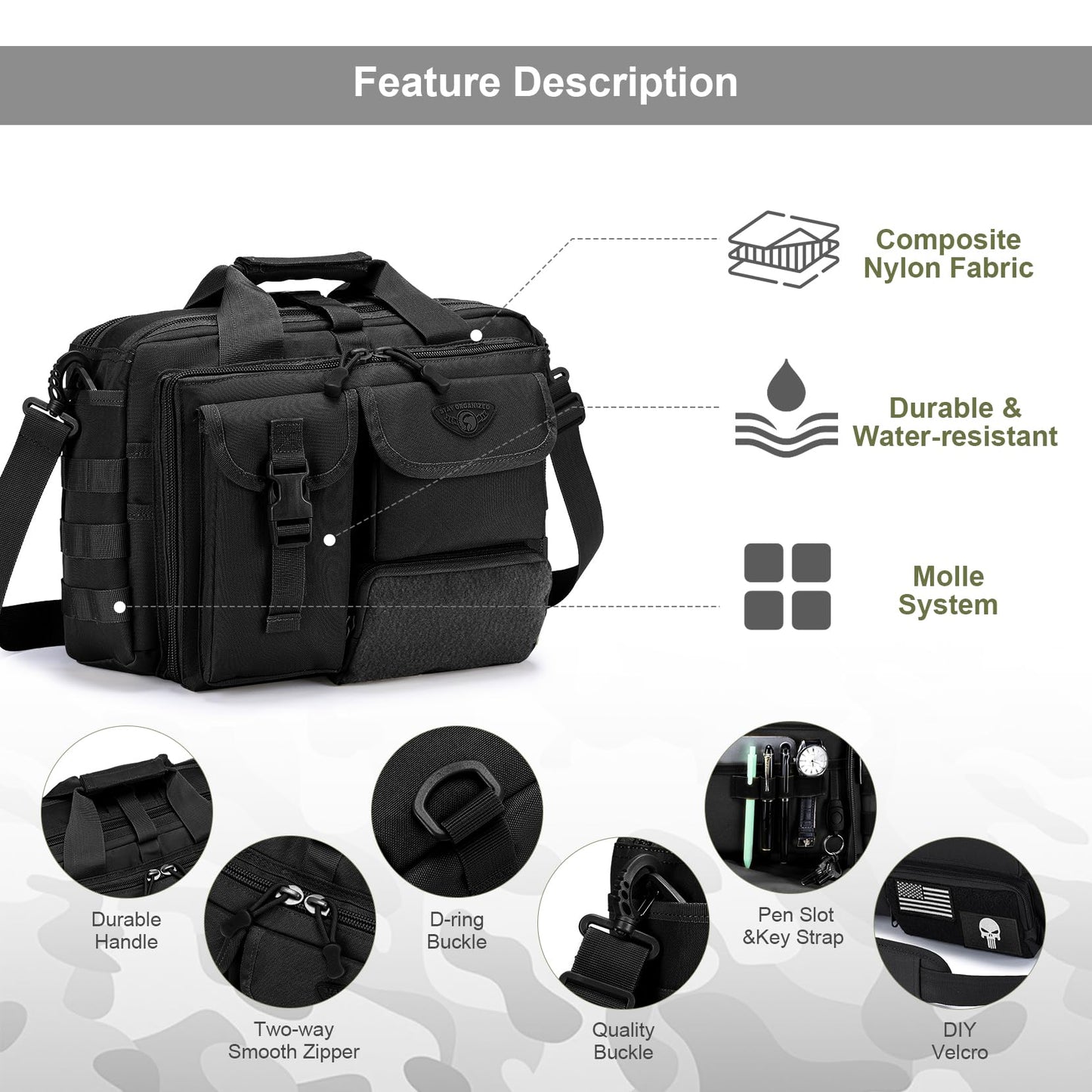 Stypos Tactical Messenger Bag, 14 Inch Tactical Briefcase for Man Military Laptop Bag Messenger Shoulder Bag Flight Bags for Pilots Black