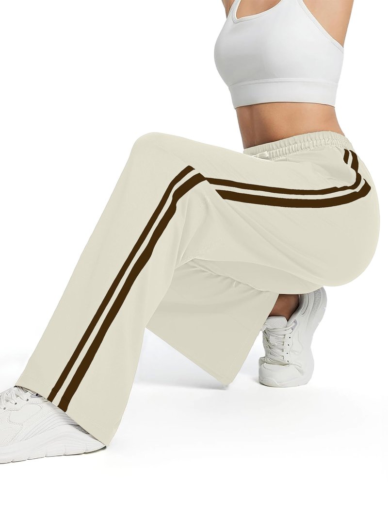 Tapata Regular Women's 30" Inseam Casual Pants Track Athletic Sweatpants Warm Up Loose Side Stripe Street Slacks, Beige, S