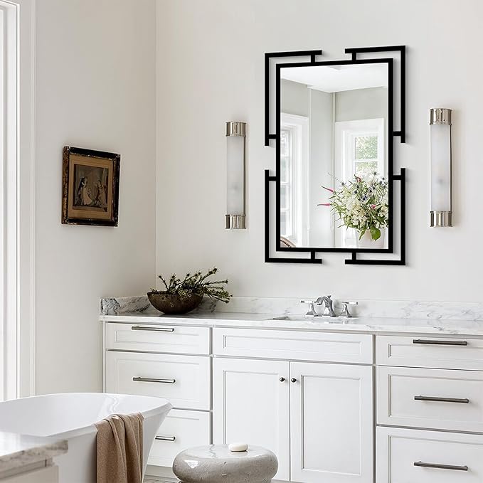 Large Decorative Wall Mirror, 24"x36" Black Mirror for Bathroom, Tempered Mirror Wall Decor with Metal Frame for Living Room, Modern Farmhouse Mirror, Horizontal/Vertical