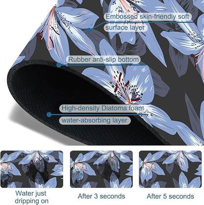 Blooming Lily Sink Faucet Absorbing Mat Blue Lily Flowers Super Absorbent Fast