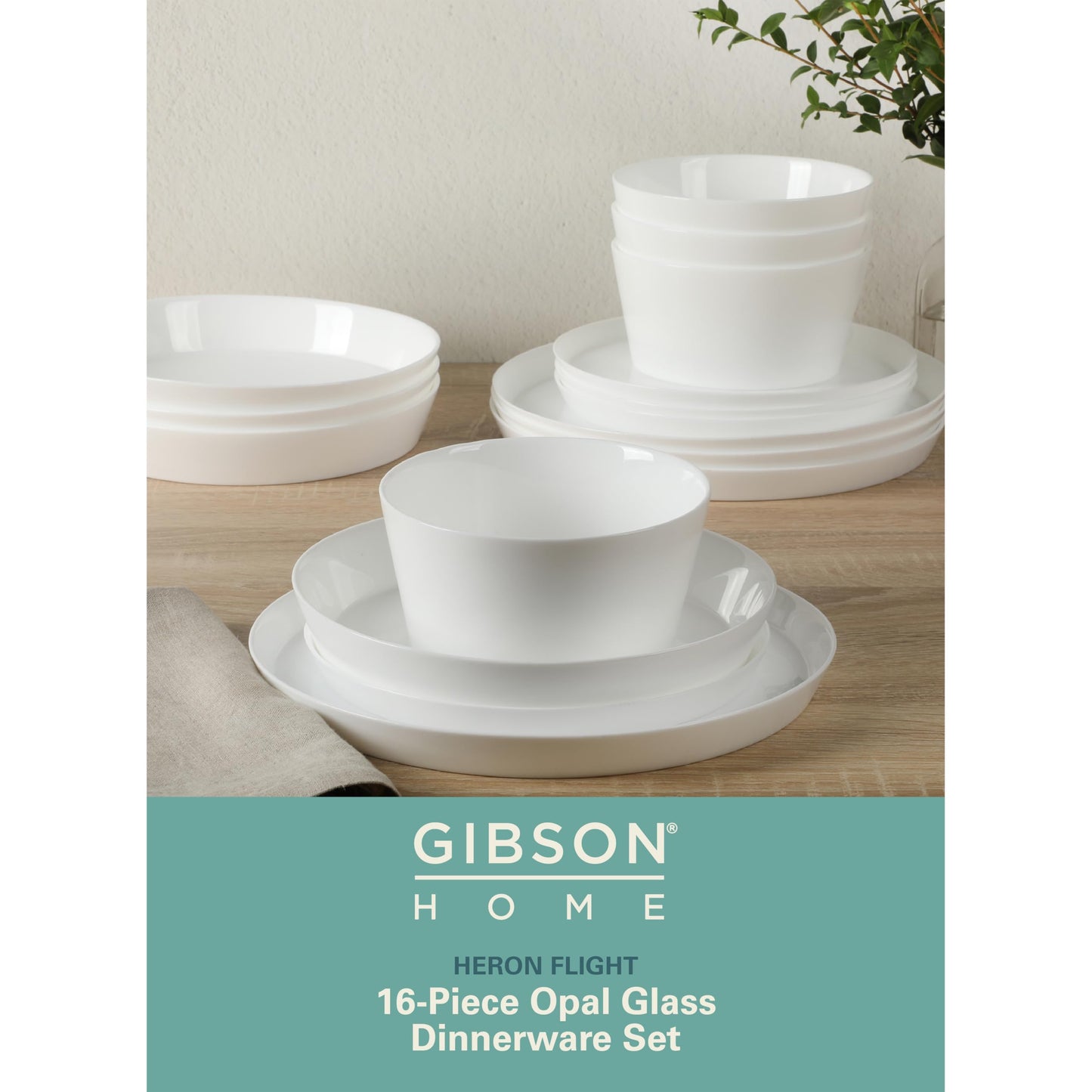 Gibson Home Summer Shades 16 Piece Plates and Bowls Dishes Service for 4 Porcelain Dinnerware Set - White