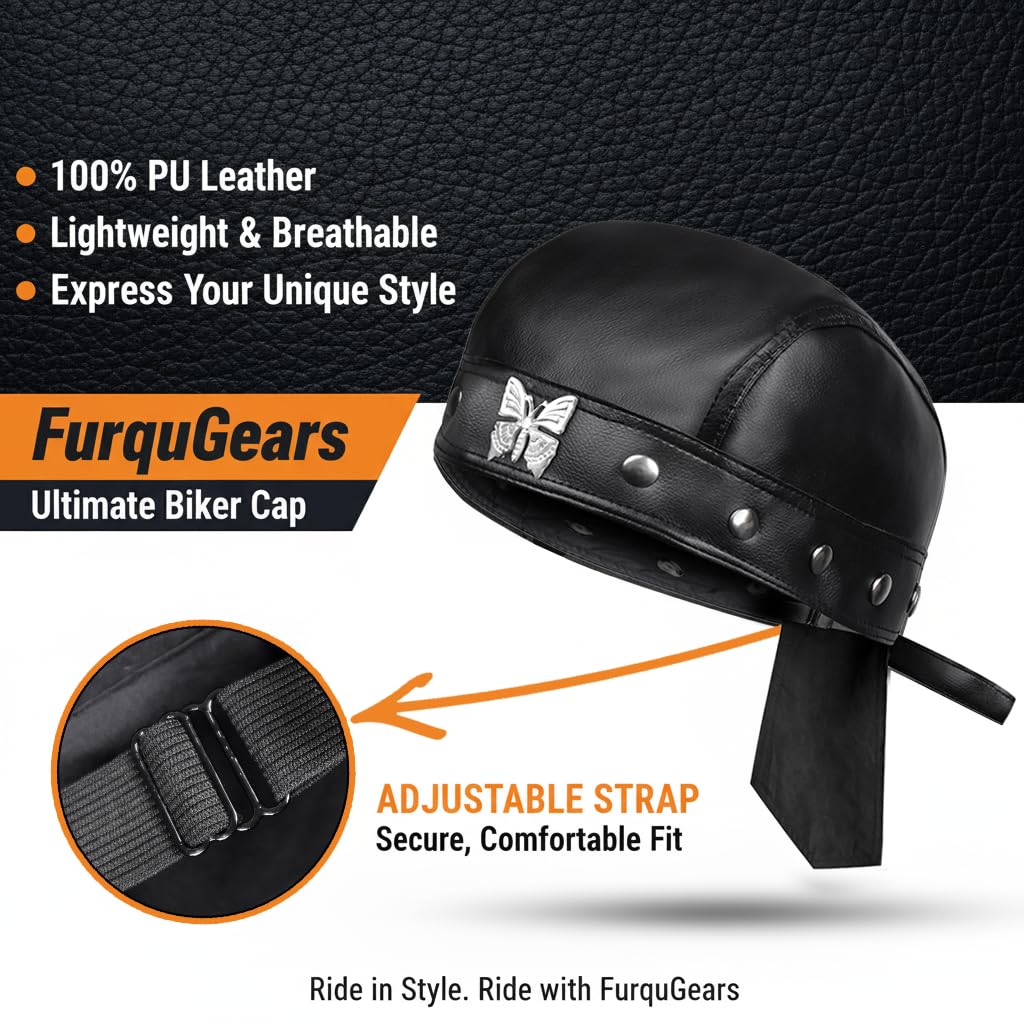 FurquGears Leather Biker Cap for Women Stylish Biker Doo Rag Headwrap for Riding Adjustable Motorcycle Black Skull Hat