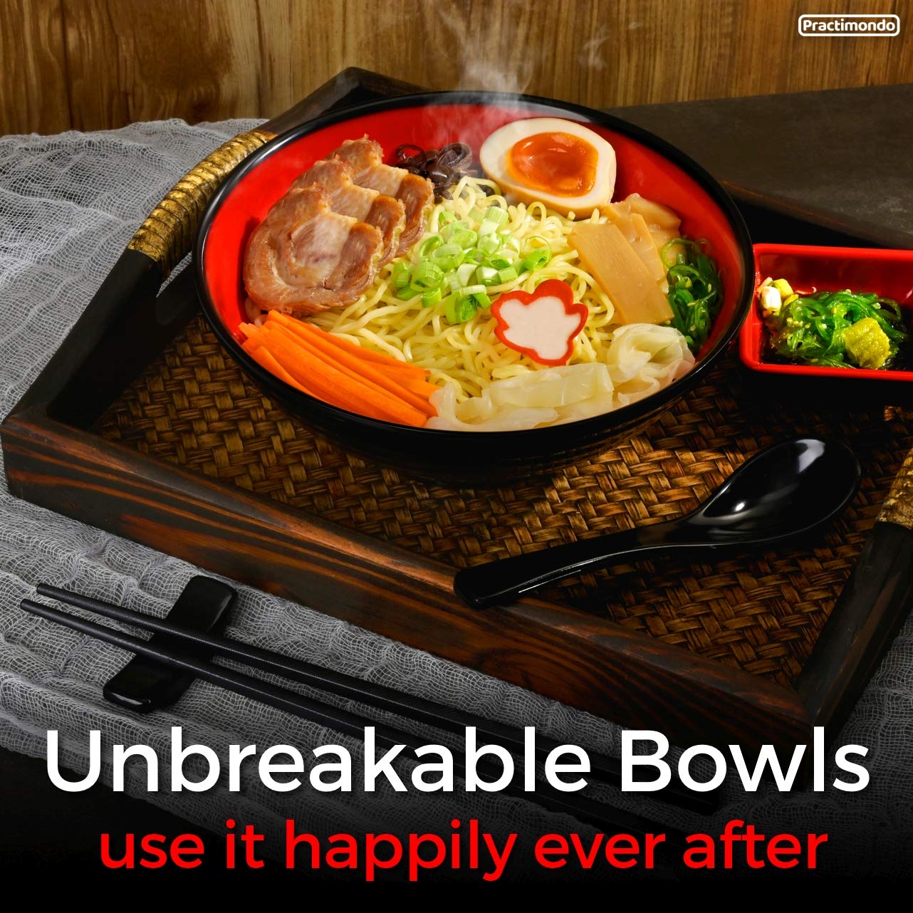 Practimondo 4 Noodle Bowls Set - large 32oz Ramen Bowl Set for authentic Asian Cuisine - with Dipping Bowls, Spoons, Chopsticks & Chopstick Stands. Enjoy Thai Miso Udon Wonton (4 Bowl Set, Red-Black)