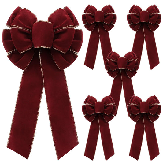Suncalla 6 Pcs Burgundy Bows 8" x 16" for Christmas Tree, Large Christmas Velvet Bows with Gold Border Waterproof Indoor Outdoor Xmas Tree Elegance Craft for Garland Swags Lantern Outdoor Craft Decor