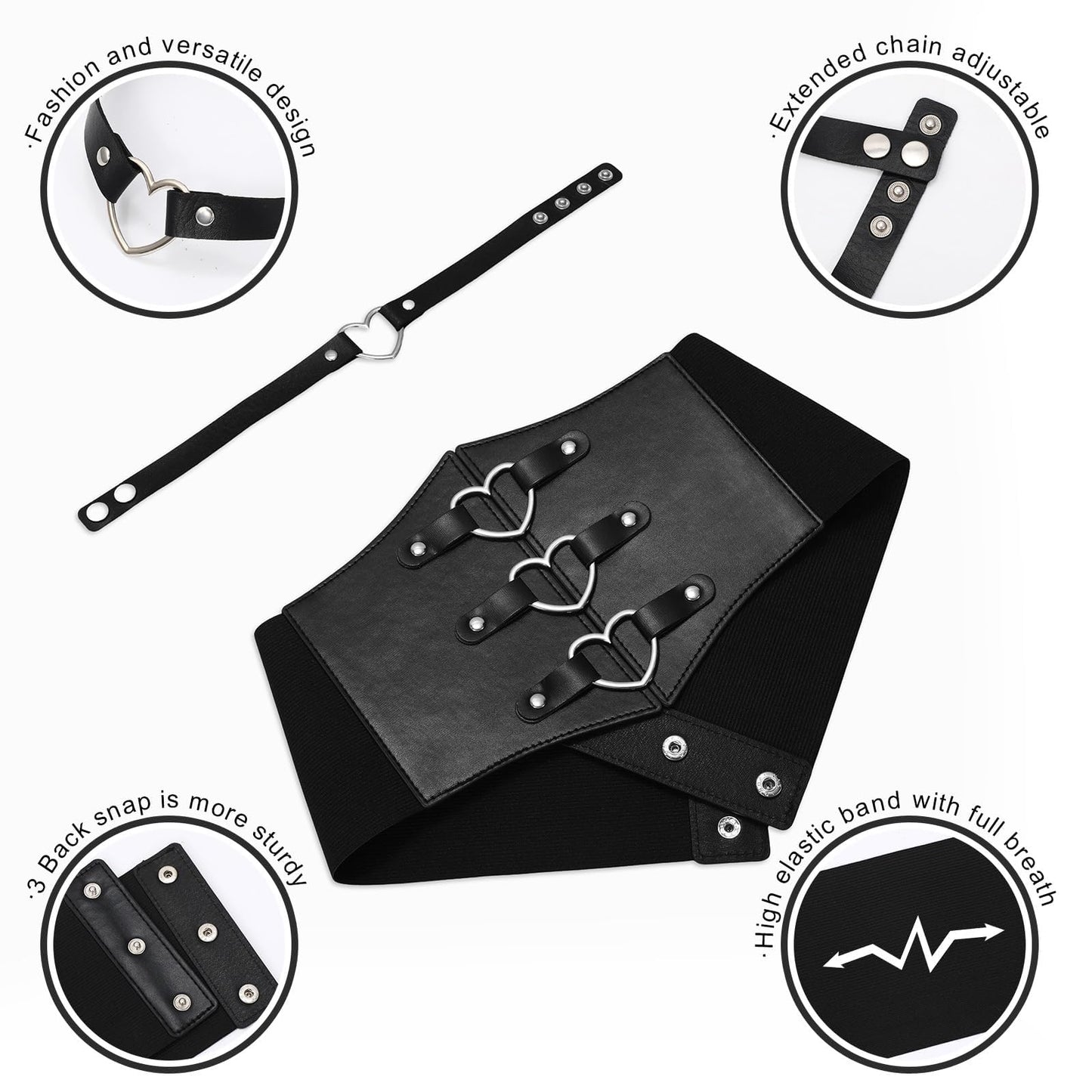 JKEEMI Women Corset Belt With Black Choker Set，Heart-Ring Wide Elastic Waist Goth Leather Corset for Daily Cosplay Halloween Costume Gifts