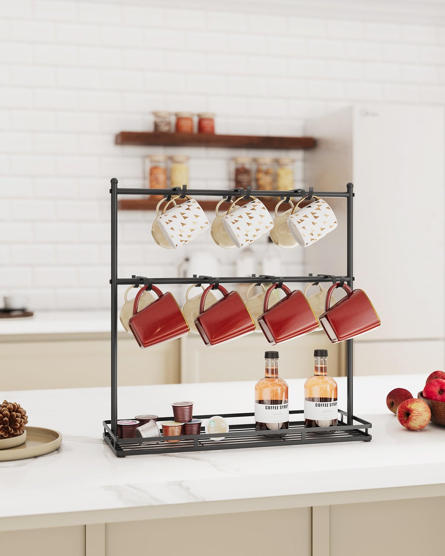 OROPY Coffee Mug Holder for Countertop, 14-Hook Mug Tree Rack for 14 Cups, 2 Tier Mug Display Stand with Heavy Duty Metal Base