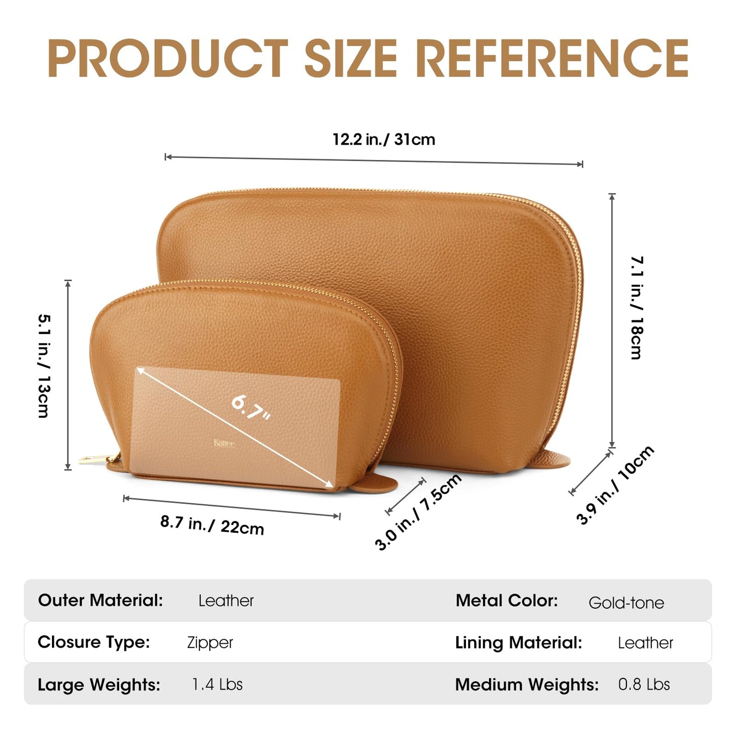 Kattee Leather Makeup Bag, Travel Cosmetic Bag Set, Toiletry Bag Organizer for Women, 1-PACK, Medium, Brown