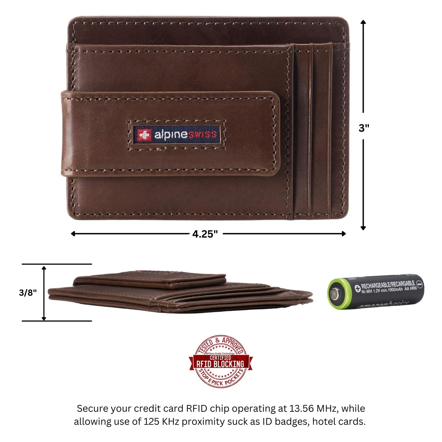Alpine Swiss Harper Mens RFID Slim Front Pocket Wallet Magnetic Money Clip ID Card Holder Leather Glossy Nappa Brown