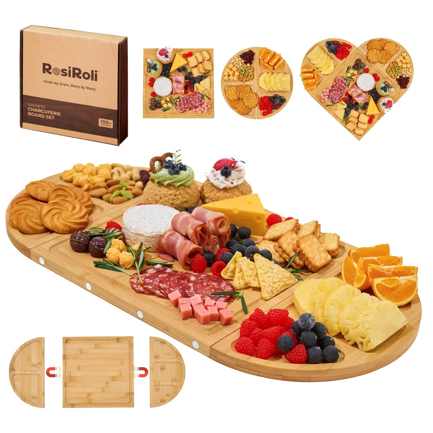 RosiRoli Charcuterie Board and Serving Set -Natural Bamboo Cheese Board Snack Tray Set with Magnetic - House Warming Gifts New Home, Wedding Gift, Bridal Shower Gift, Gifts for Mom & Women