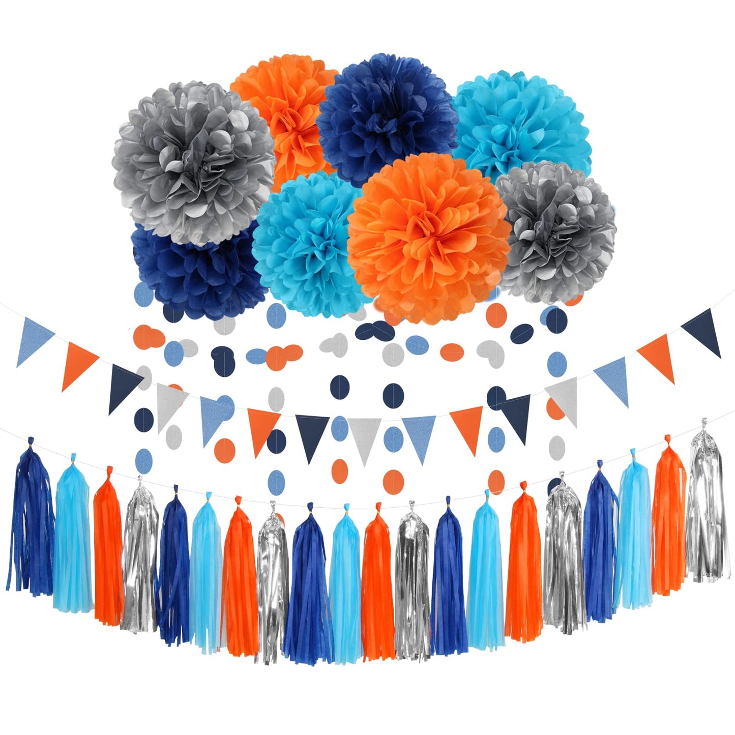Blue-Silver Orange Space Party-Decorations Streamers-Garland - 30pcs Graduation 2025 Tissue Pom Poms,Tassel Banner Backdrop Birthday Boy Baby Shower Decor Bunting Lasting Surprise