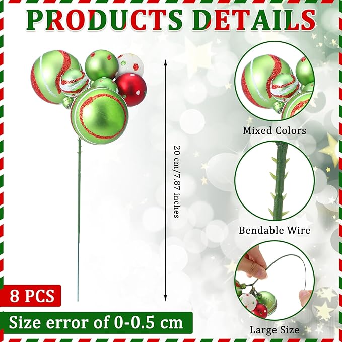 8 Pcs Lime Green Christmas Tree Picks 7.87 Inch Christmas Balls Ornaments Xmas Hanging Peppermint Decorations for Xmas Tree Topper DIY Wreath Holiday Floral Vase Fillers Crafts Home Decor