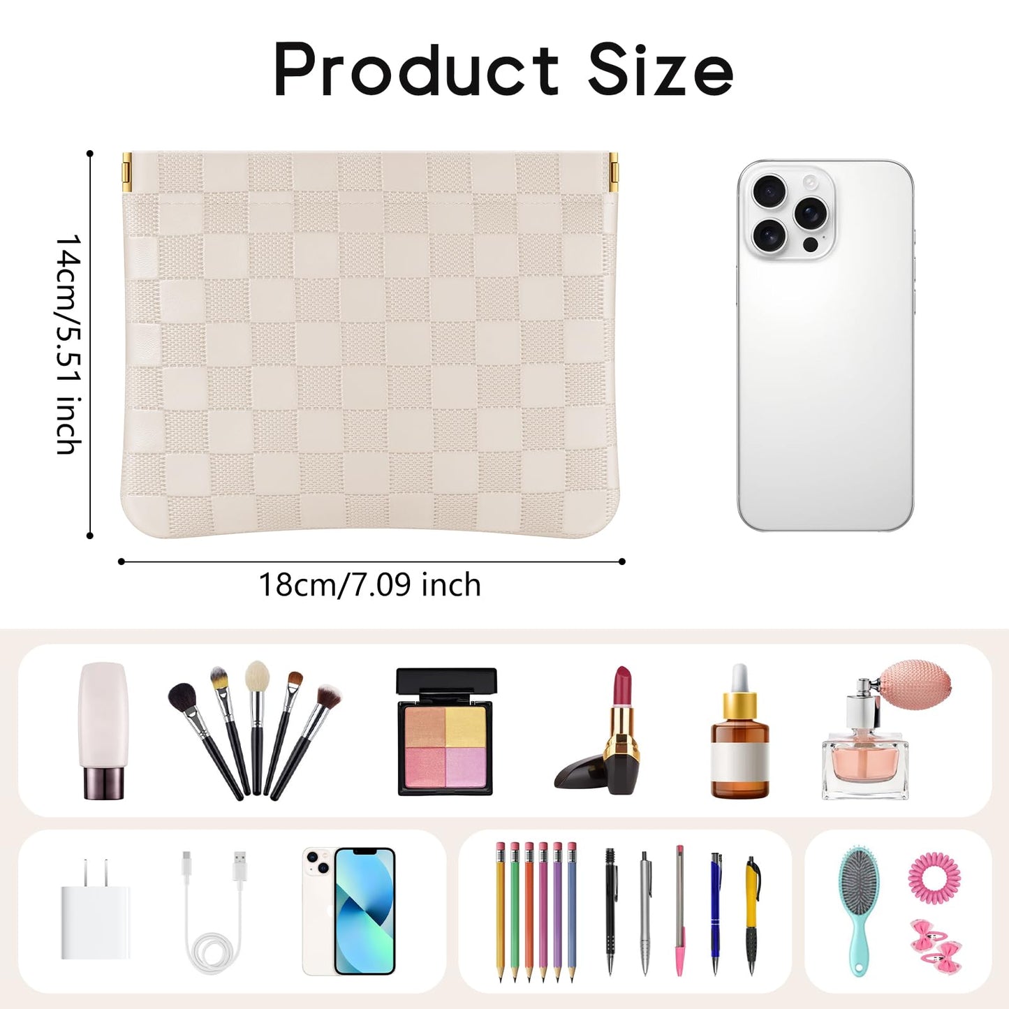 Sightor 2PCS Pocket Cosmetic Bag for Purse, Checkered Makeup Bag Portable Leather Cosmetic Bag for Women, Coin Purse Lipstick Cosmetic Accessories Organizer Travel Cosmetic Pouch (Black, Beige, L)