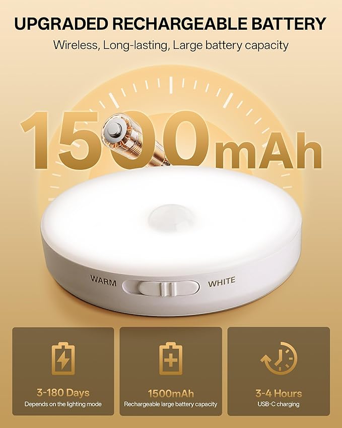 Homelist Upgraded Ultra Bright Motion Sensor Lights Indoor Rechargeable, 6 Pack Puck Light with Remote, 1500mAh Battery Operated Sensor Night Light for Stairs, Cabinet, Bedside, Closet