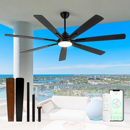 72" Large Smart Ceiling Fan with Light Remote Control via WiFi Alexa,6-Speeds Quiet DC Motor,Dimmable,Indoor Outdoor Black Ceiling Fan for Living Room,Patio,Dual Finish 7 Blades