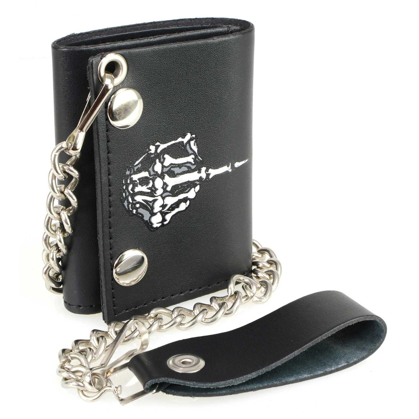 Milwaukee Leather MLW7840 Men's 4” Black Leather Biker Wallet - Tri-Fold Anti - Theft Stainless Steel Chain w/Skeleton Finger - One Size