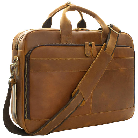 Jack&Chris Full Grain Leather Briefcase for Men,Business Messenger Bag Fits 15.6" Laptop, Vintage Business Messenger Bag with Adjustable Strap, Durable Briefcase with Travel Luggage Strap