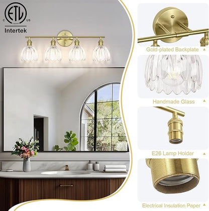 Vintage Bathroom Light Fixtures,4-Light Hardwired Vanity Lights Over Mirror,Gold Wall Sconces with Clear Tulip Glass Shade for Bathroom Living Room,E26 Socket(Bulbs Not Included)