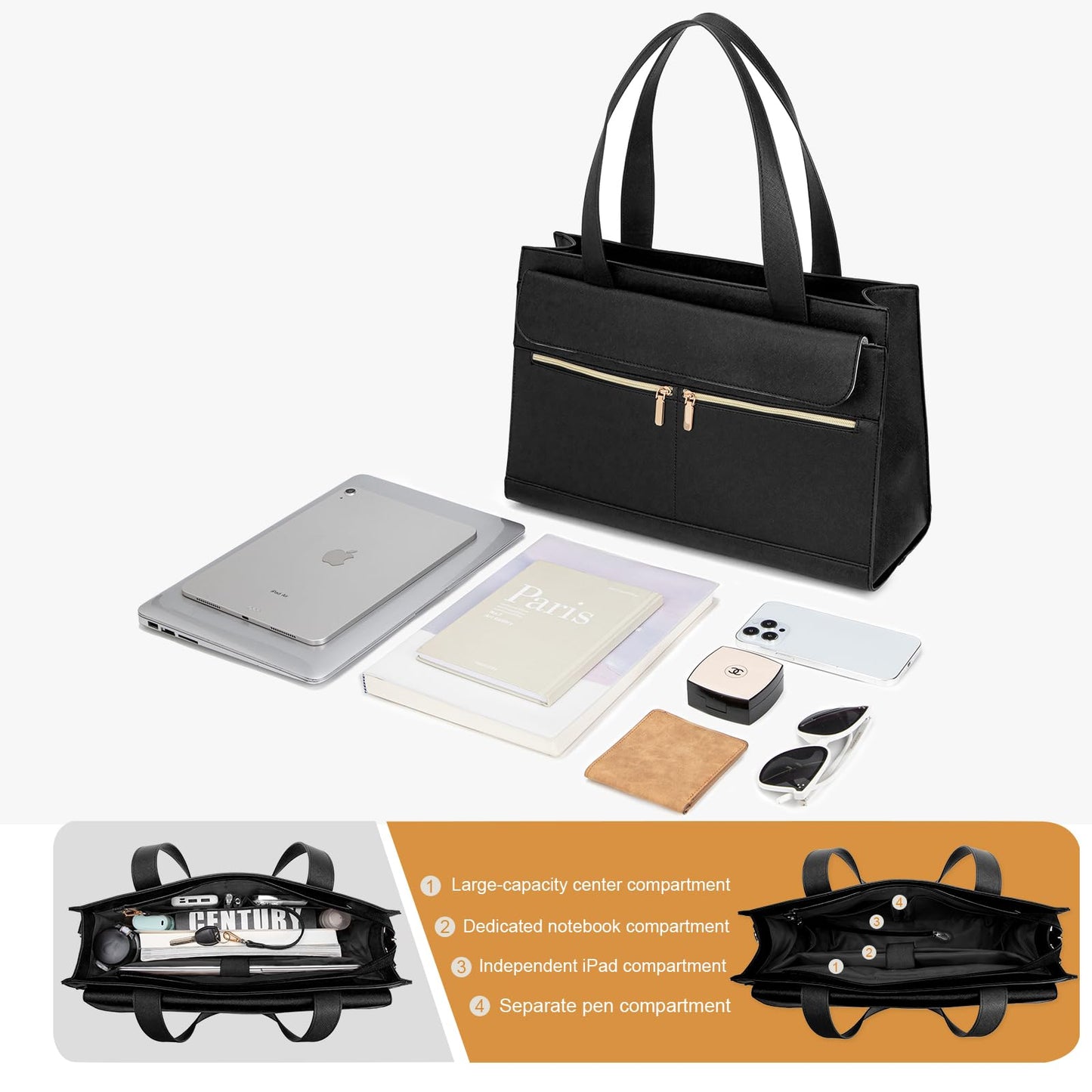 Laptop Bag for Women 15.6 Inch, Professional Tote Briefcase Purse, Eco-friendly Leather Teacher Bag Work Bag for Business(Black)