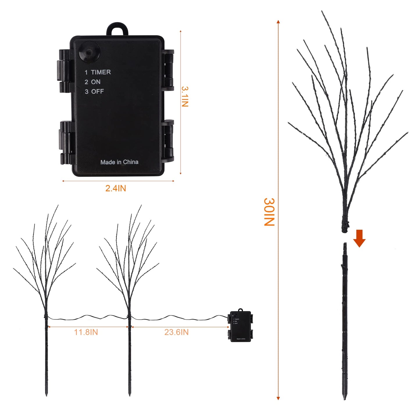 Lighted Halloween Tree Branches, 30IN 100LED Artificial Black Twig Branch with Orange Fairy Lights, Built-in Timer & Battery Operated, Waterproof for Indoor Outdoor Office Bedroom Party Decorations