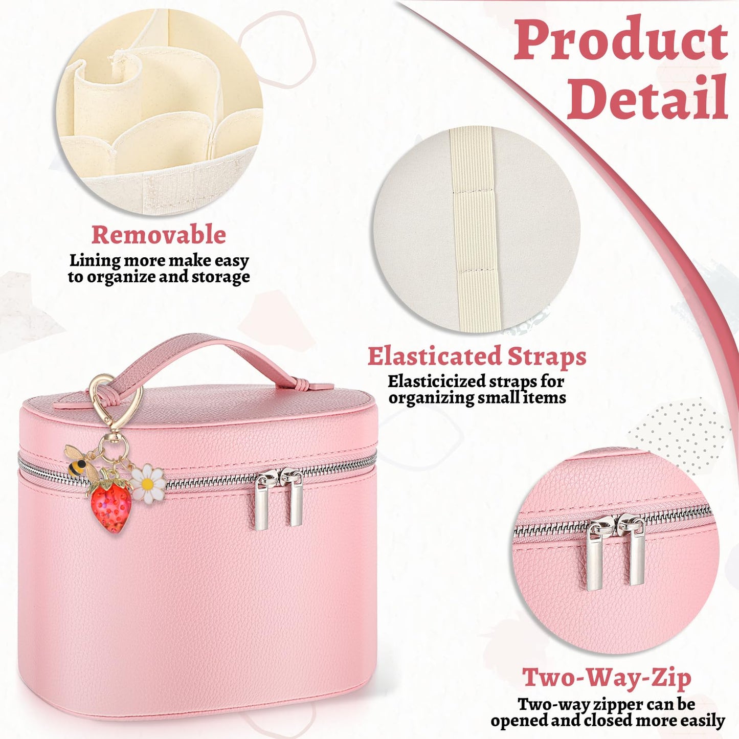 KongTiva Cosmetic Case, Leather Makeup Bag with Keychain Detachable Compartments and Handle Portable Cosmetic Organizer Bags for Women