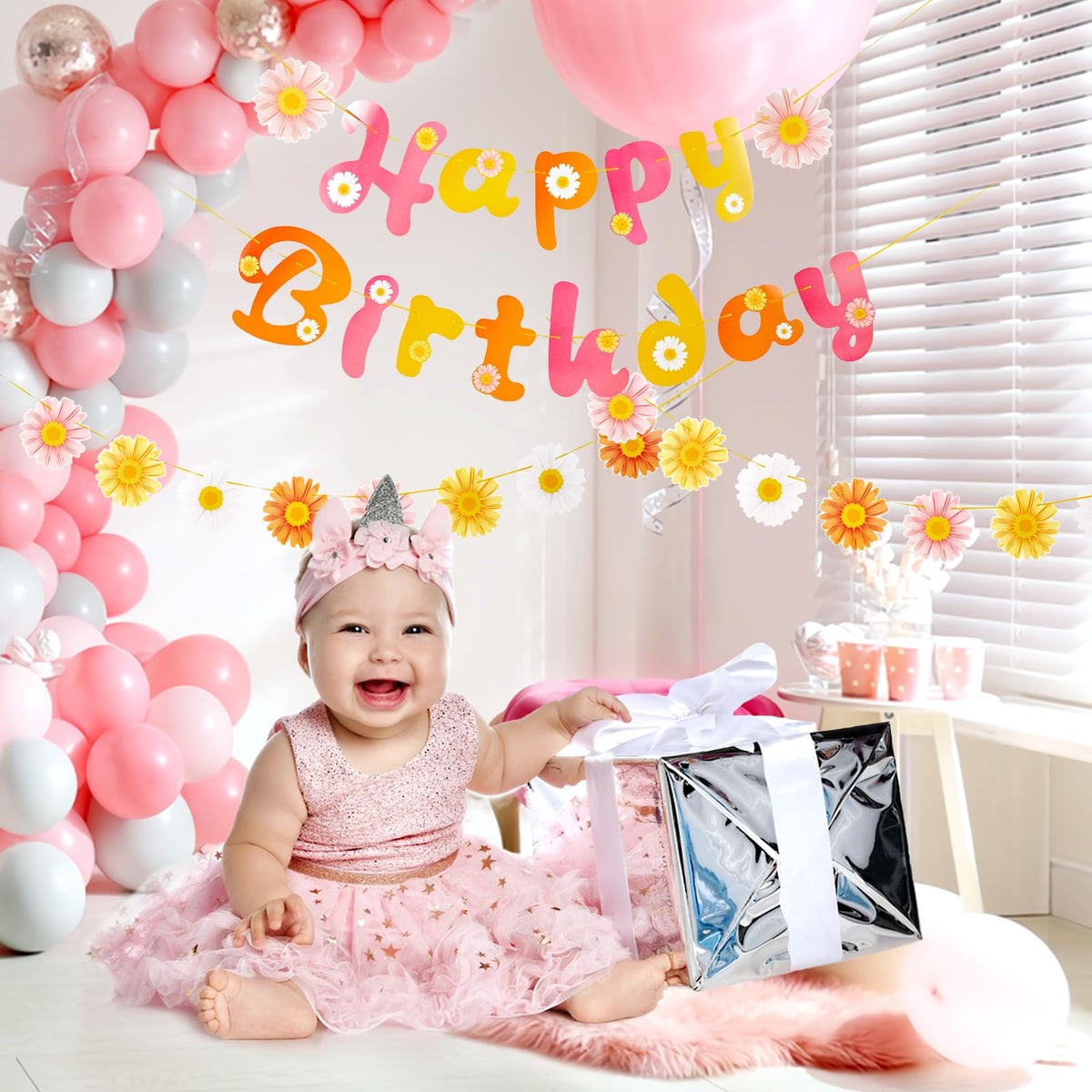 SUNBEAUTY Flower Daisy Happy Birthday Banner Groovy Party Banners Groovy Party Decorations Boho Happy Birthday Banner Daisy Retro Hippie Party Supplies Baby Shower | Pre-Strung