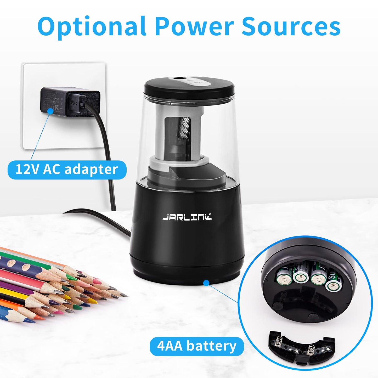 JARLINK Electric Pencil Sharpener, Heavy-Duty Helical Blade to Fast Sharpen, Auto Stop for No.2/Colored Pencils(6-8mm), AC Adapter/Battery Operated in School Classroom/Office/Home (Black)