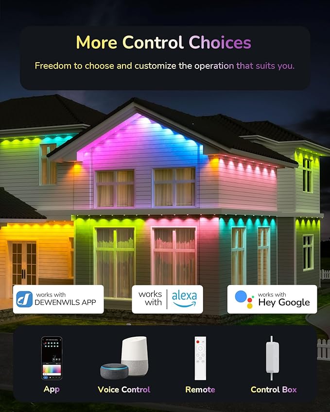 EDISHINE 60ft Permanent Outdoor Christmas Lights for House, 40 LED Eave Light with App/Remote, IP67 Smart RGB+IC+Warm/Cool White Holiday Light with 50 Scene Modes, Work with Alexa Google Assistant