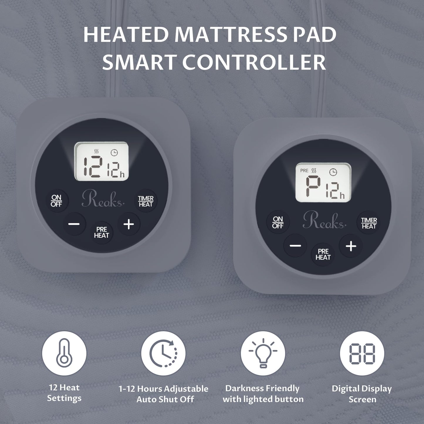 King Size Electric Heated Mattress Pad - Bed Warmer with Memory & Preheat Functions, 12 Heat Settings Dual Control for 1-12 Hours Auto Off, Lighted Button