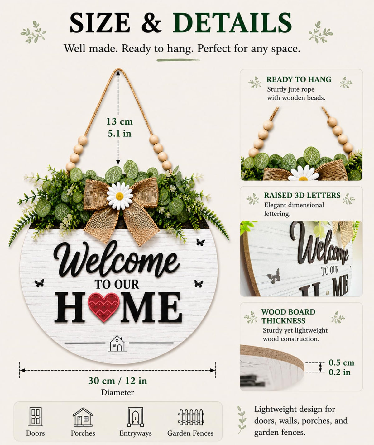 Interchangeable Welcome Sign for Front Door, Round Farmhouse Door Hanger with 12 Changeable Seasonal Magnets, Welcome to Our Home Porch Decor, Rustic Wood Look Wall Sign for Entryway and Housewarming Gift