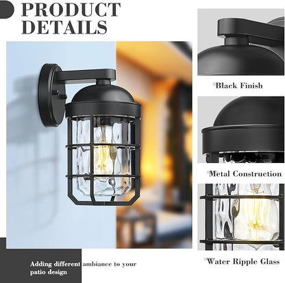 Emliviar Cylinder Outdoor Wall Lights Set of 2, 11" Black Outside Lamps Wall Mount for Porch, Garage, Front Door, E26 Socket with Water Ripple Glass, GE255BL-2PK BK-WG