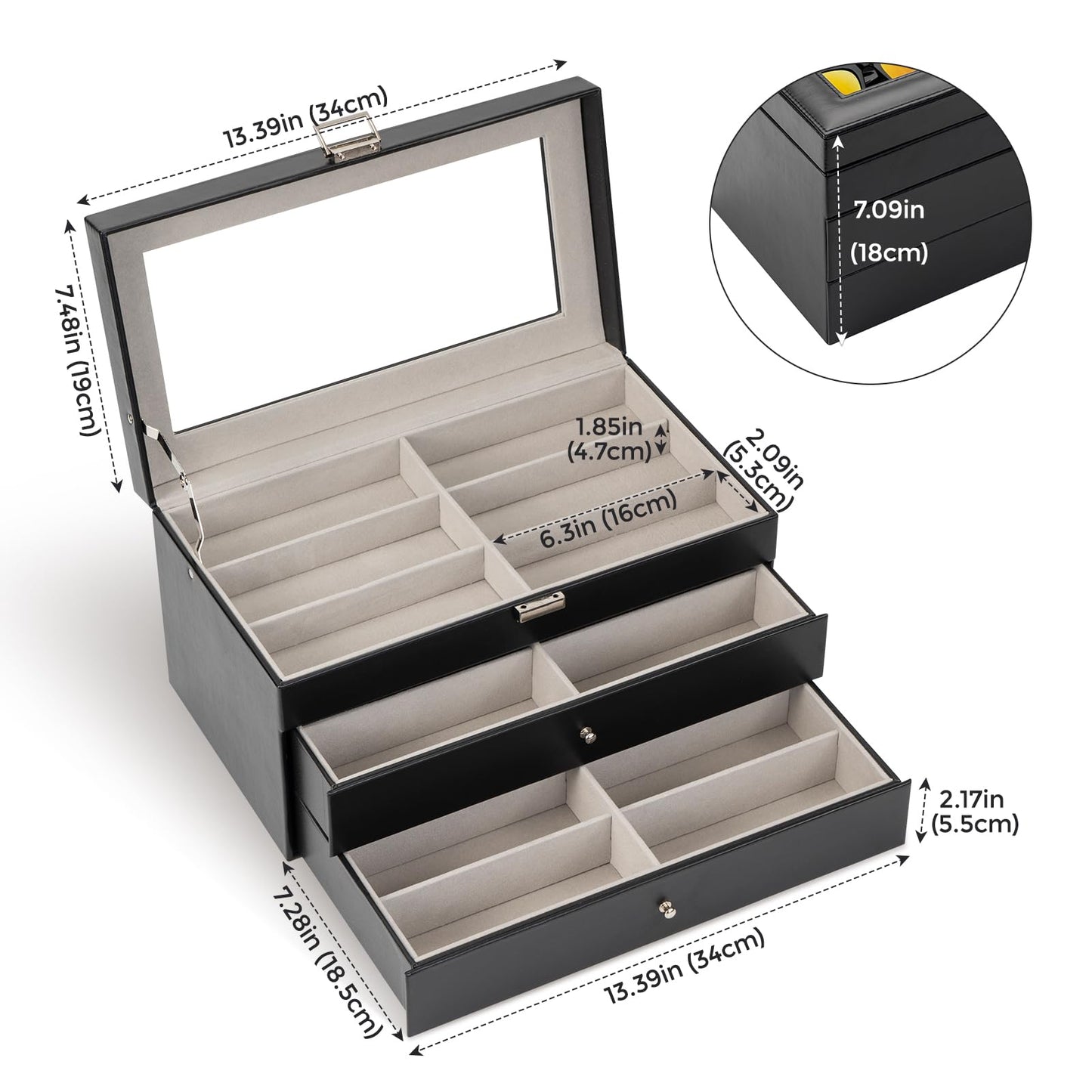 ProCase 3-layer Sunglasses Storage Organizer, 18 Slots Leather Sunglass Box Multiple Pairs Eyeglass Cases Eye Glass Eyewear Display Holder for Men Women, Valentine's Day Gift -Black
