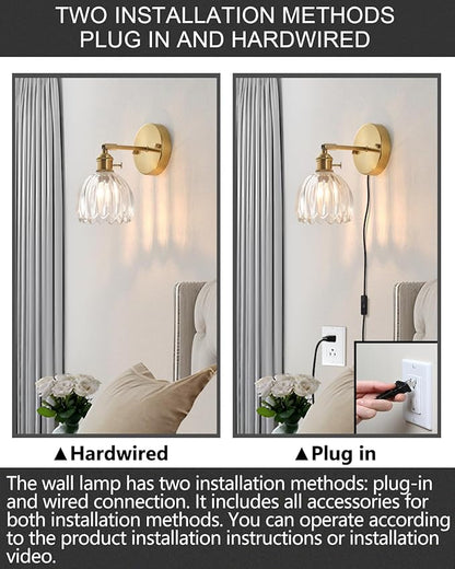 Plug in and Hardwired Wall Sconces, Luxury Vintage Tulip Crystal Glass Shade Wall Light with Switch for Bedside Bedroom Living Room (Tulip-Clear, 2)