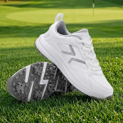 DARIBOM Mens Golf Shoes Spiked Non Slip Waterproof Golf Sneakers with Leather Upper Size 10.5(White)