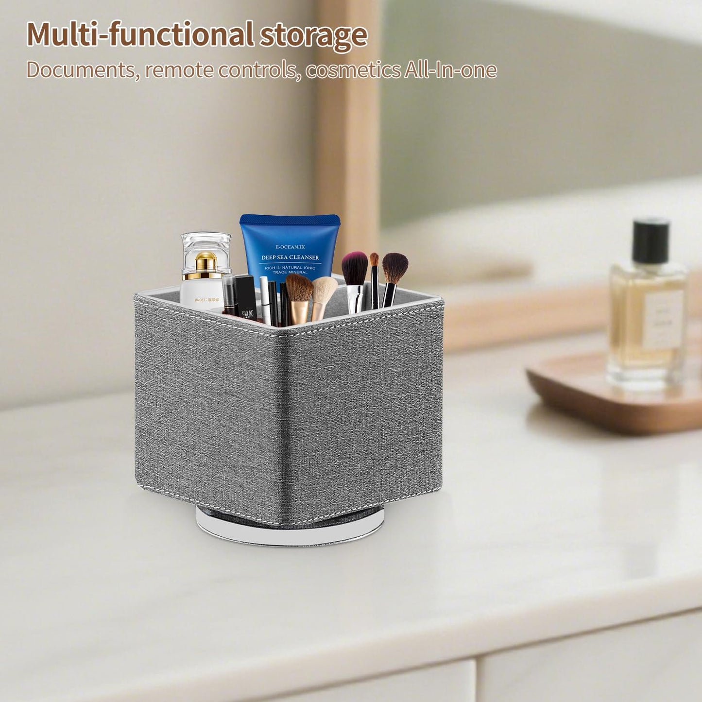 YAPISHI Remote Control Holder, 360° Swivel TV Remote Holder for Table, PU Leather Remotes Caddy, Nightstand Organizer for Media Controllers/Makeup/Office Supplies, Bedside Decorations for Living Room
