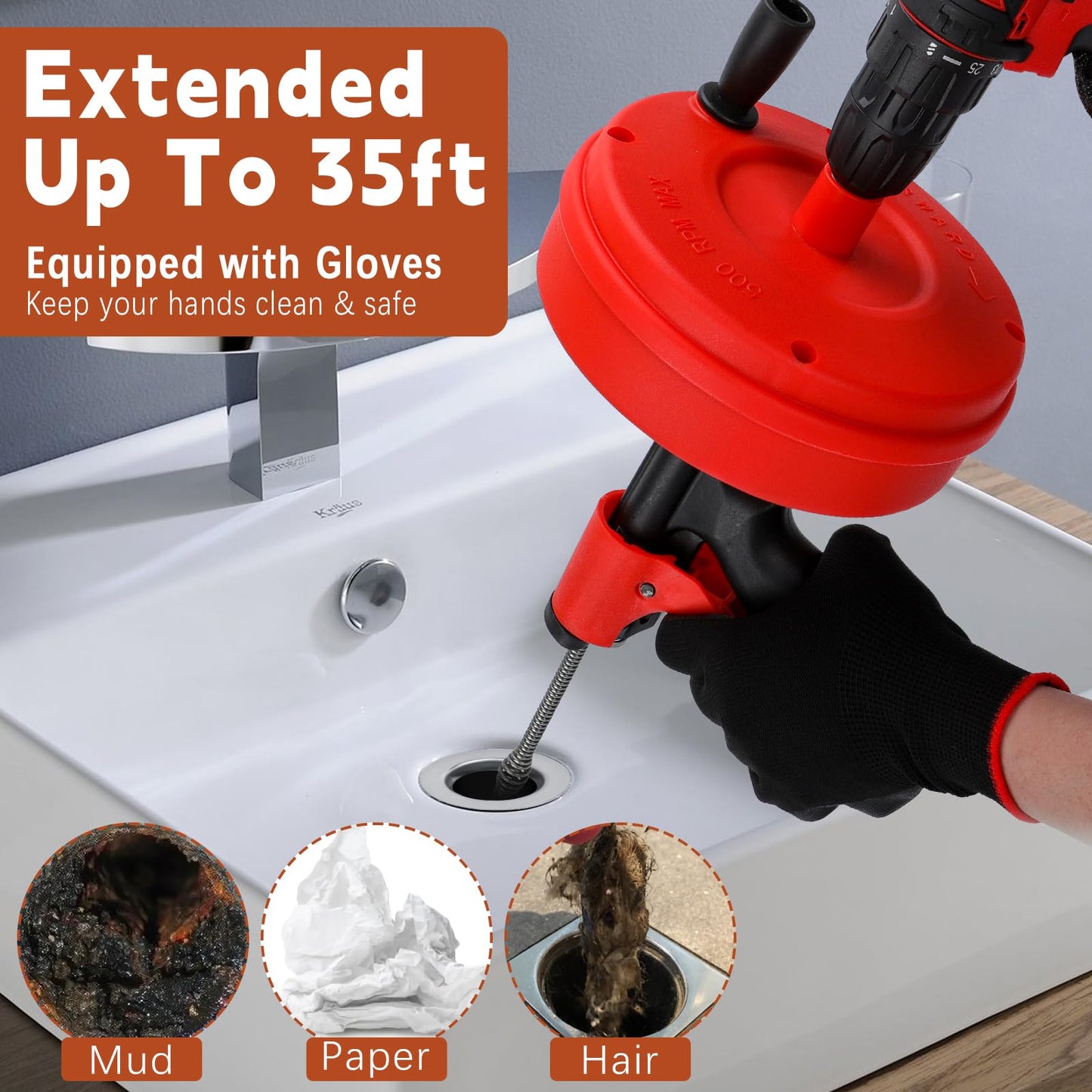 35 FT Double Mode Drain Snake Tools, 11-in-1 Drain Auger for Sink and Drain Unblocking, Plumbing Snake for Kitchen, Bathrom and Shower Sink, Snake for Real DYIs (Red)
