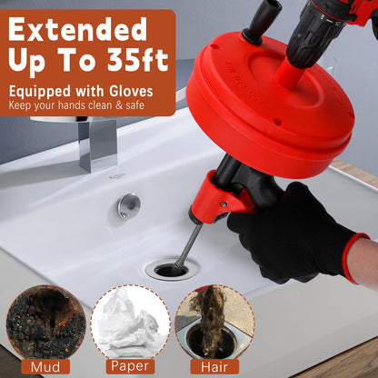 35 FT Double Mode Drain Snake Tools, 11-in-1 Drain Auger for Sink and Drain Unblocking, Plumbing Snake for Kitchen, Bathrom and Shower Sink, Snake for Real DYIs (Red)