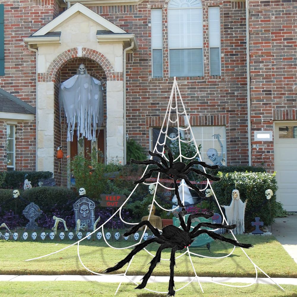 UMEELR Halloween 200In Huge Spider Web with 2 Giant Realistic Looking Hairy Spiders Halloween Decorations Props Creepy Decor Outdoor Indoor (35.5In and 30In)