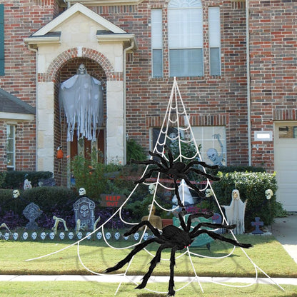 UMEELR Halloween 200In Huge Spider Web with 2 Giant Realistic Looking Hairy Spiders Halloween Decorations Props Creepy Decor Outdoor Indoor (35.5In and 30In)