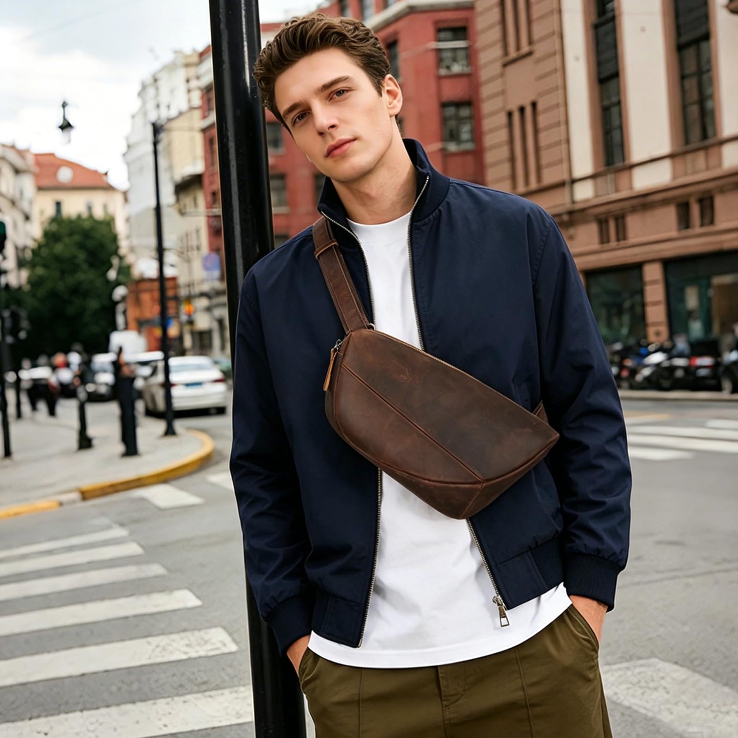NIUCUNZH Genuine Leather Mens Sling Bag for Women Vintage Small Crossbody Bags Purse for Hiking Travel Chest Daypack (coffee)