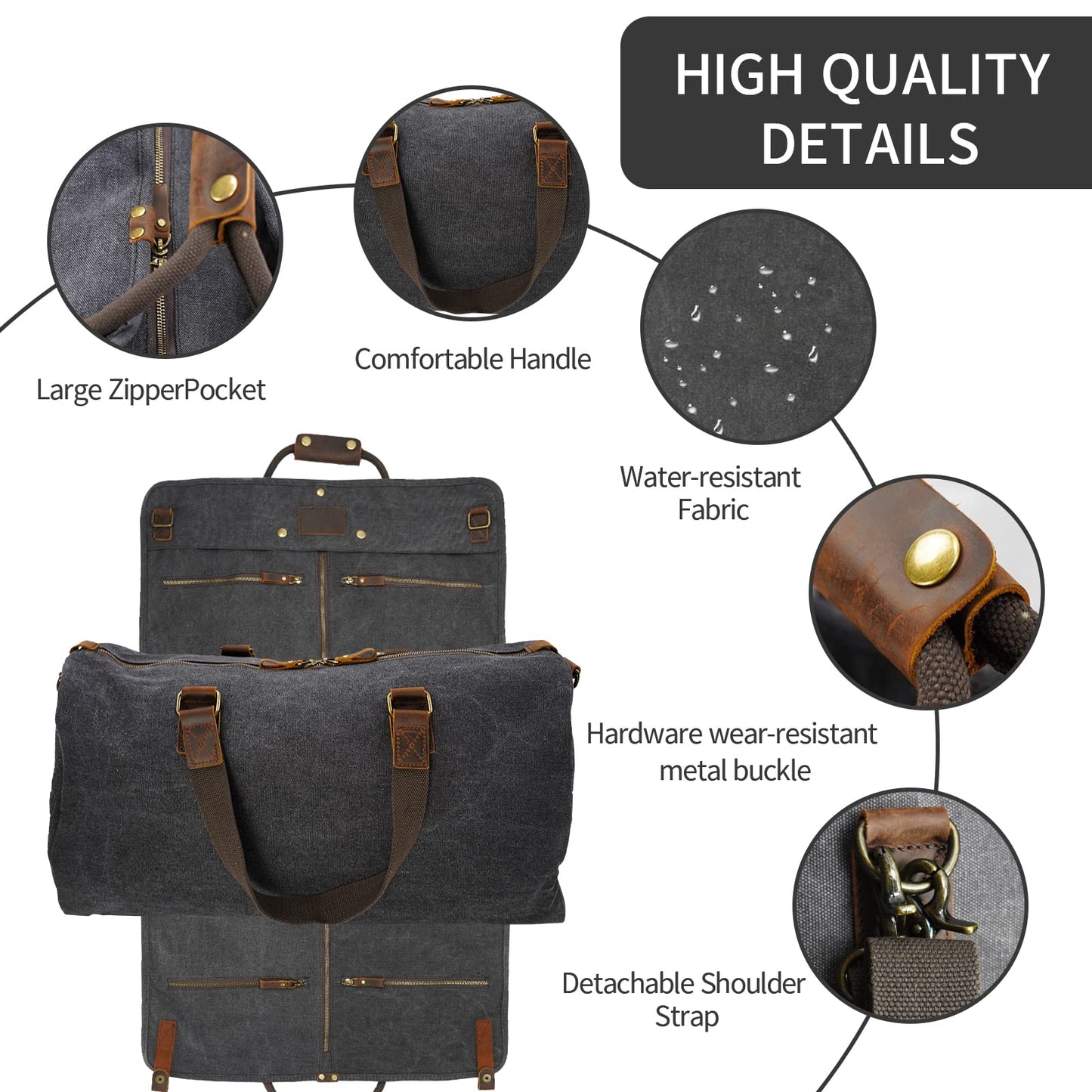 2 in 1 Suit Garment Duffle Convertible Carry-on Bag With Canvas Leather Shoulder Strap for Travel, Business Trips, Storage - Hangding Suit, Clothes, Dresses, Shoes (Black)