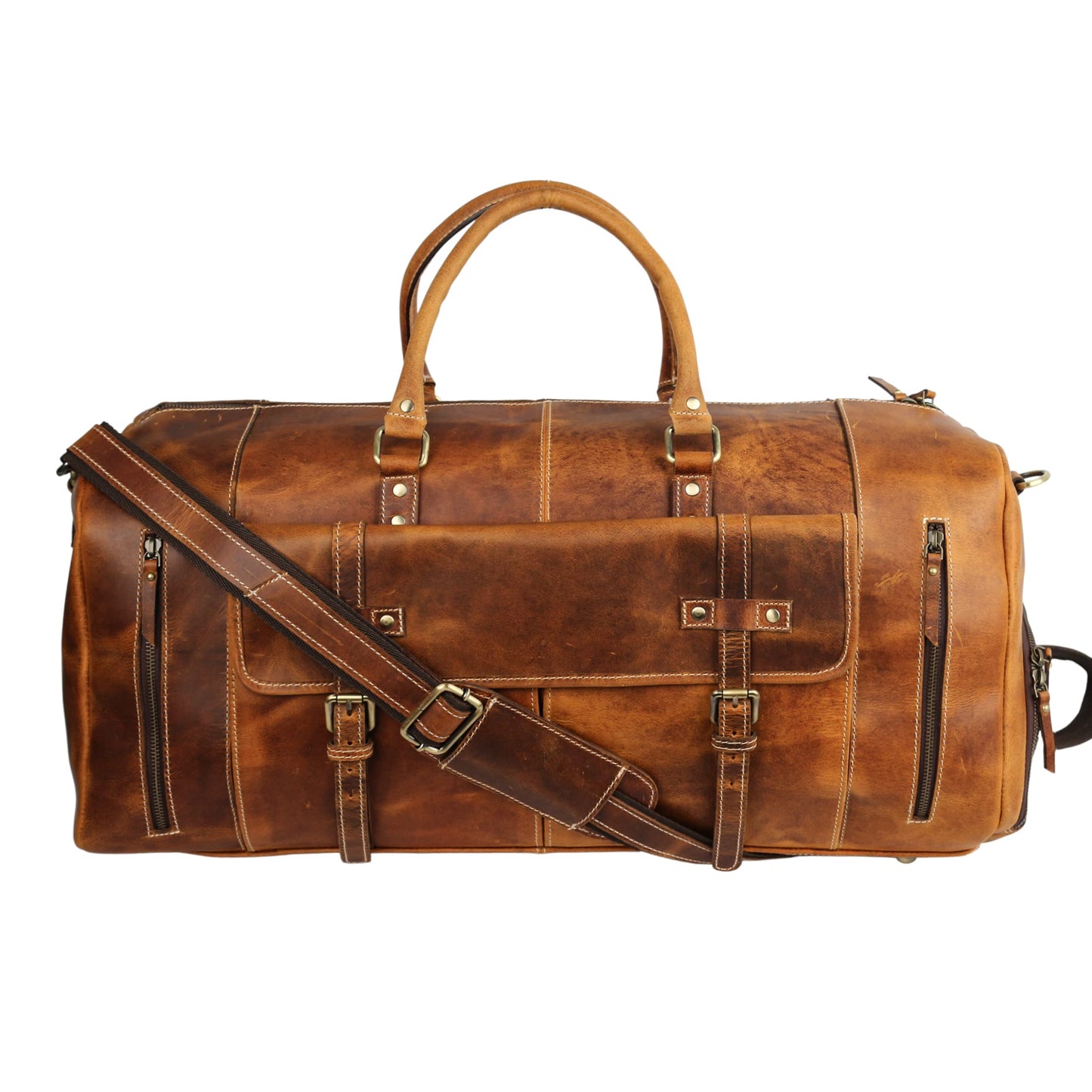 KomalC Leather Duffle Bags for Men and Women Travel Overnight Weekend sports bag holdall Gym Duffel for Men (Distressed Tan, 28 Inch)