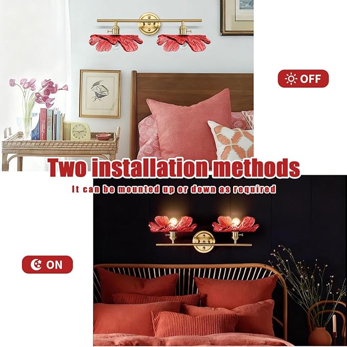 2 light bathroom Lighting Fixture vintage vanity light with Red Flower Glass Shade mid century wall light art deco Bathroom vanity Lights Over Mirror gold brass wall sconce for Hallway Living Room