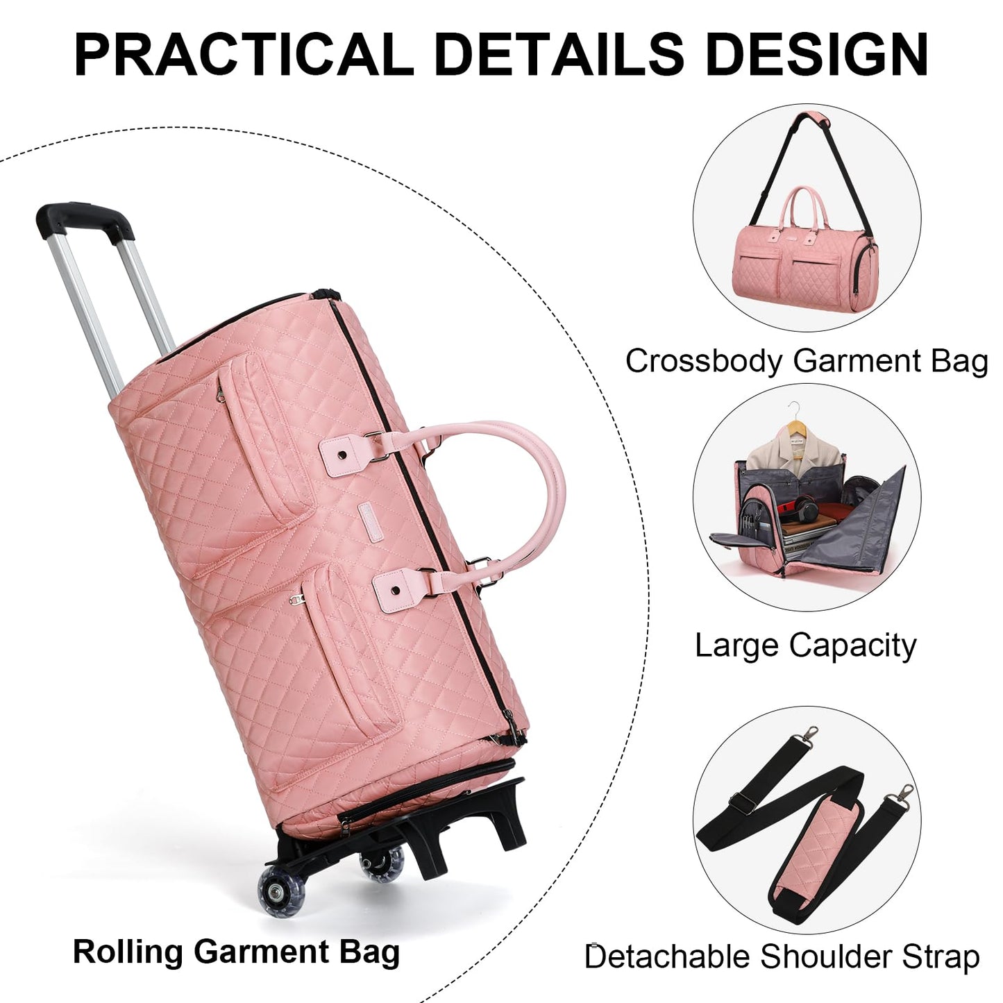 Modoker Rolling Garment Bag for Travel,Womens Convertible Garment Bags with Wheels, Luggage Suit Travel Bags,3 in 1 Carry On Wheeled Duffel Bag,Pink